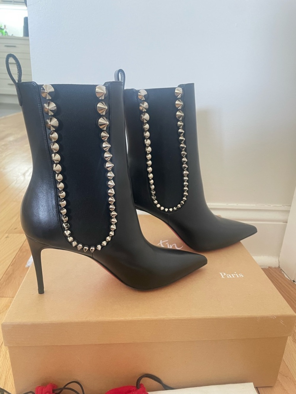 Christian Louboutin SPIKITA BOOTY 85 Spiked Stud Leather Boots Heel Bootie - Picture 4 of 6